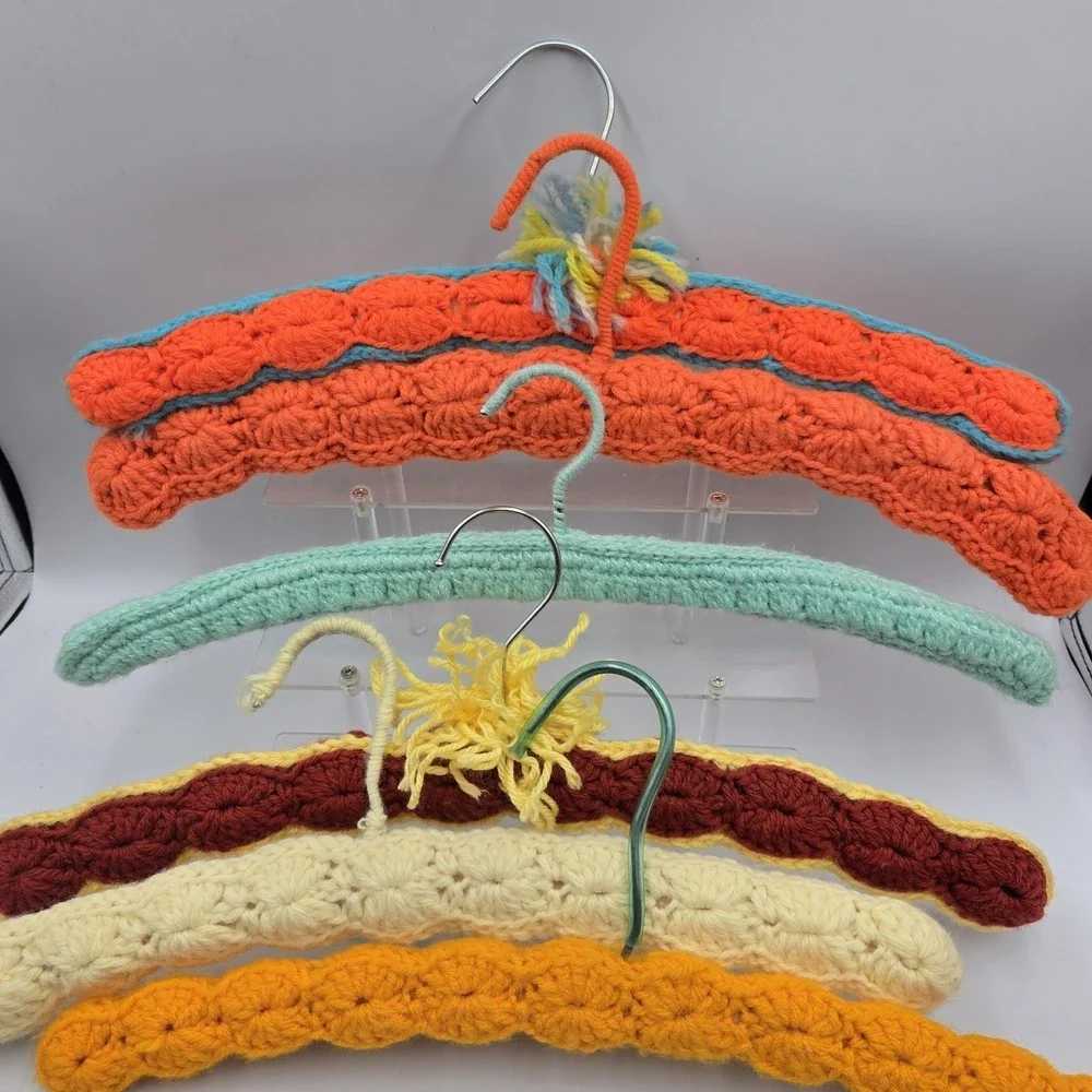Crochet Knitted Hangers Grannycore Chic Lot of 6 VTG Handmade Wooden Countrycore